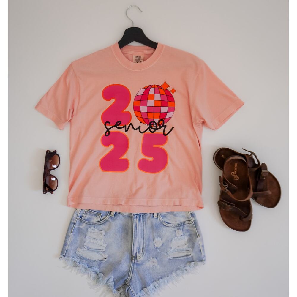 Senior 2025 Pink Disco Ball Retro T-Shirt
